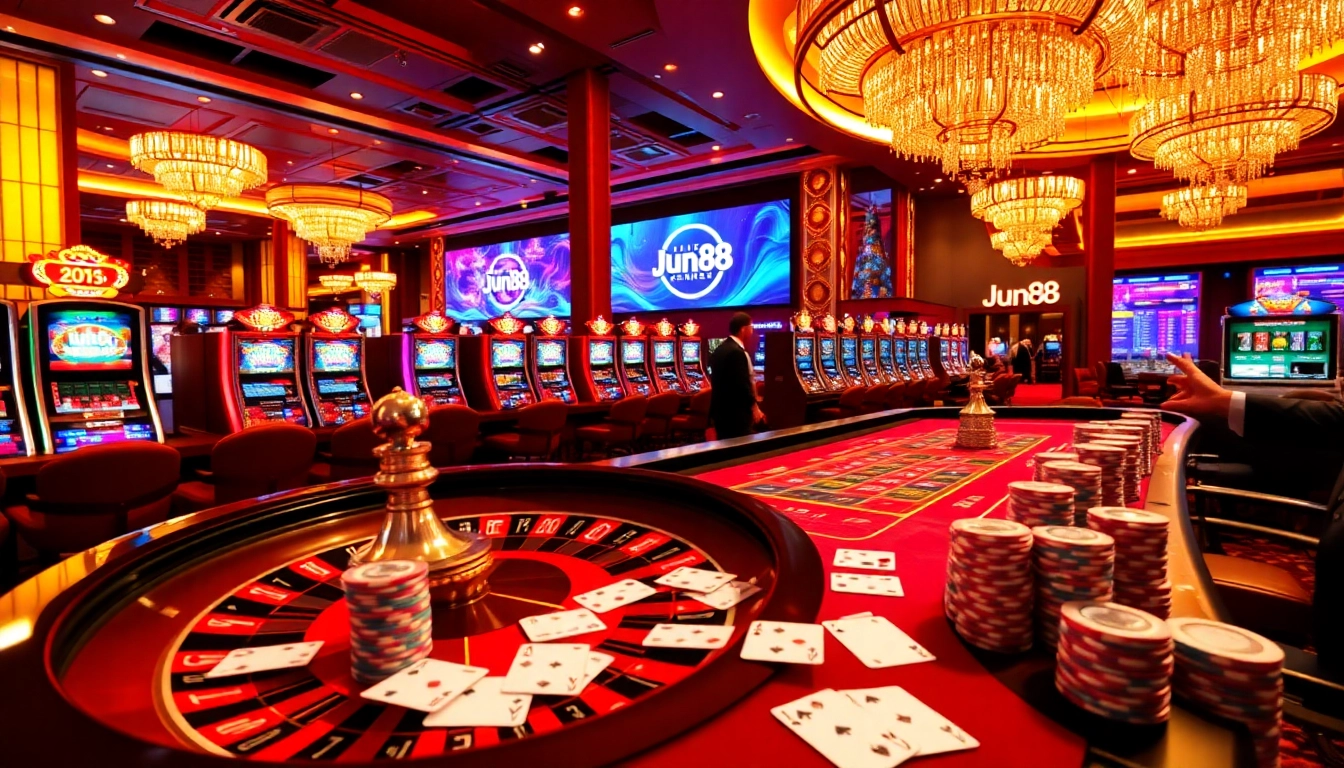 Experience thrilling gameplay at Jun88's casino, featuring vibrant slot machines and a roulette table.