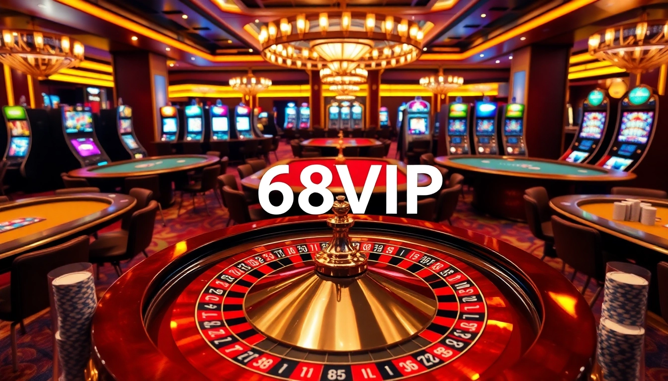 Experience the excitement of 68VIP in a luxurious casino atmosphere with vibrant gaming elements.