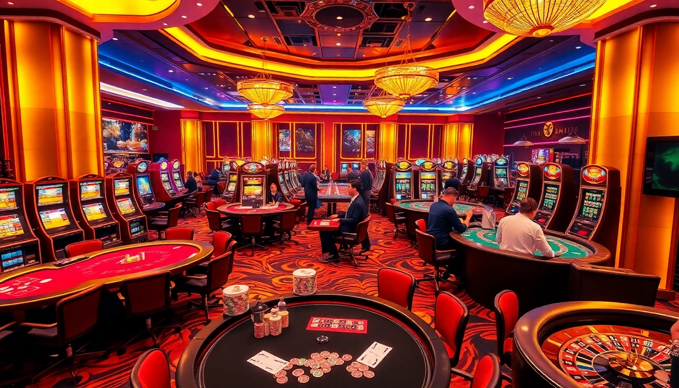 Engaged players at ffgg88.com throw poker chips on a vibrant casino floor filled with excitement.