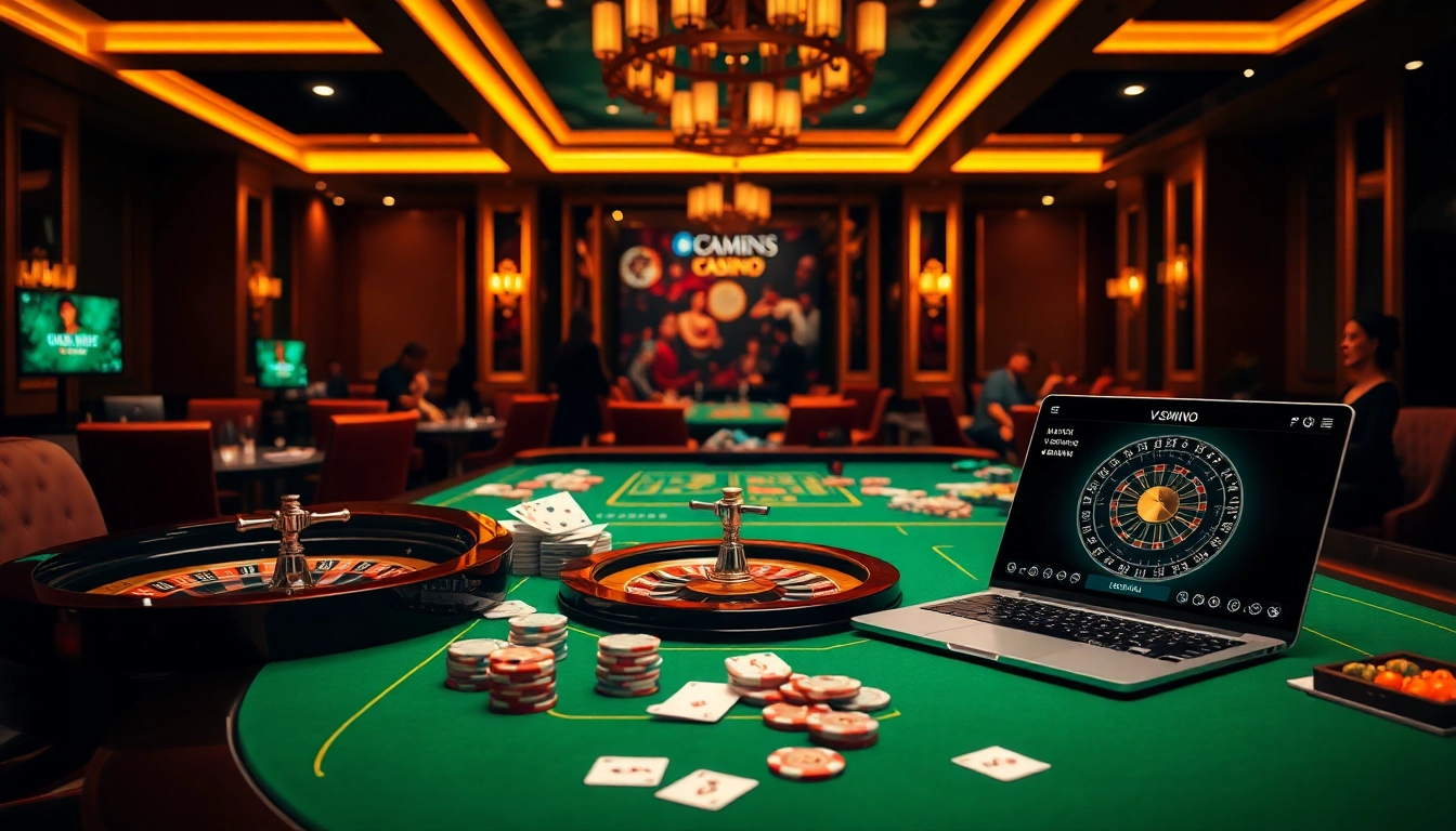 Experience the thrill of gambling at NHÀ CÁI VSWIN with luxurious casino visuals, poker chips, and roulette.