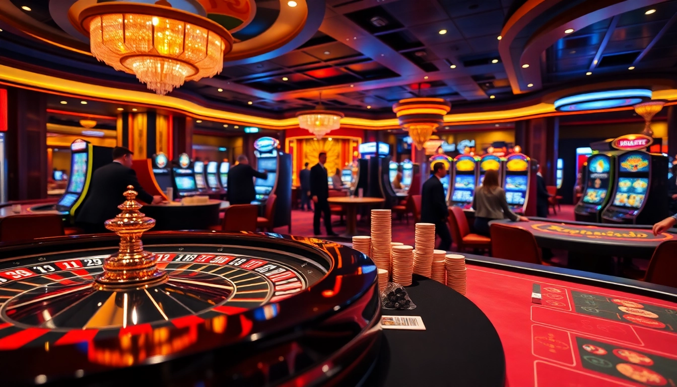 Players enjoying the excitement of gambling at nk88 com in a vibrant casino setting with roulette and poker elements.