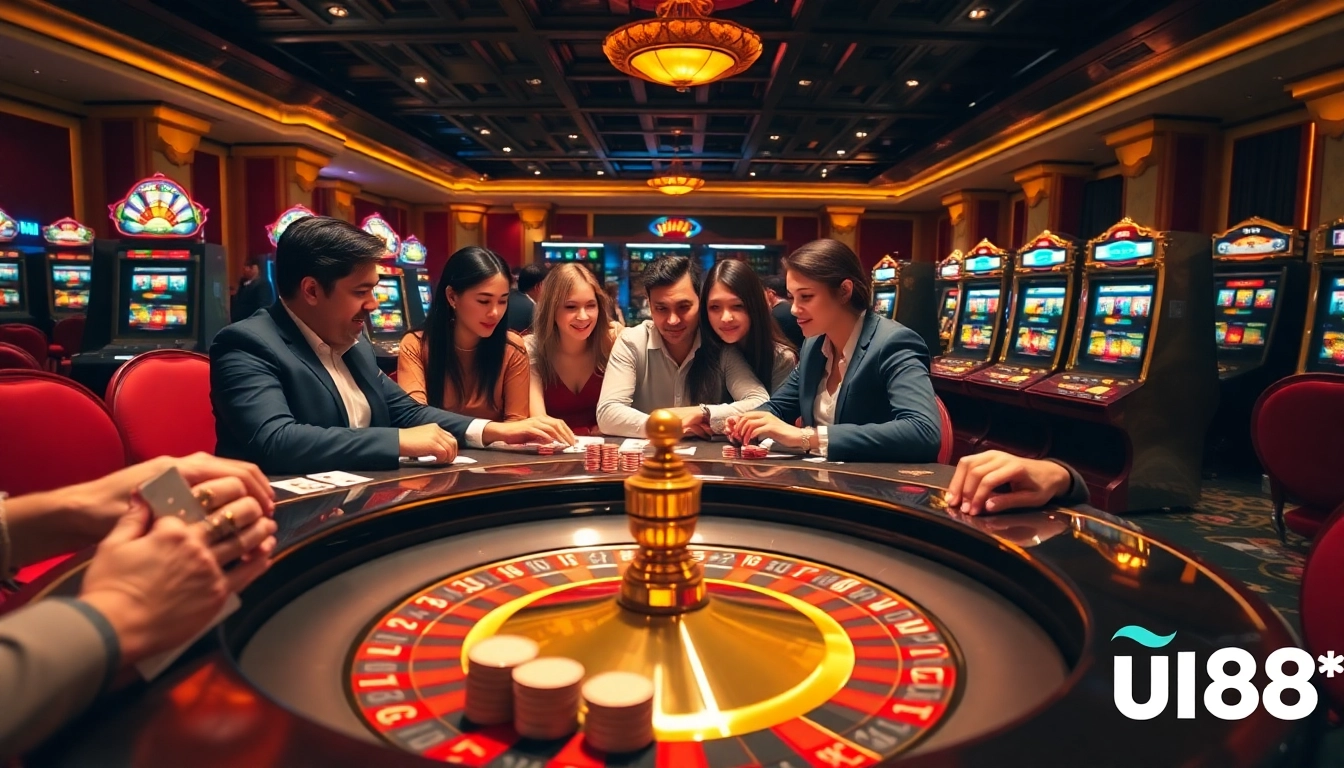 Players enjoying their game at the casino table, uu88 branding subtly displayed in the background.
