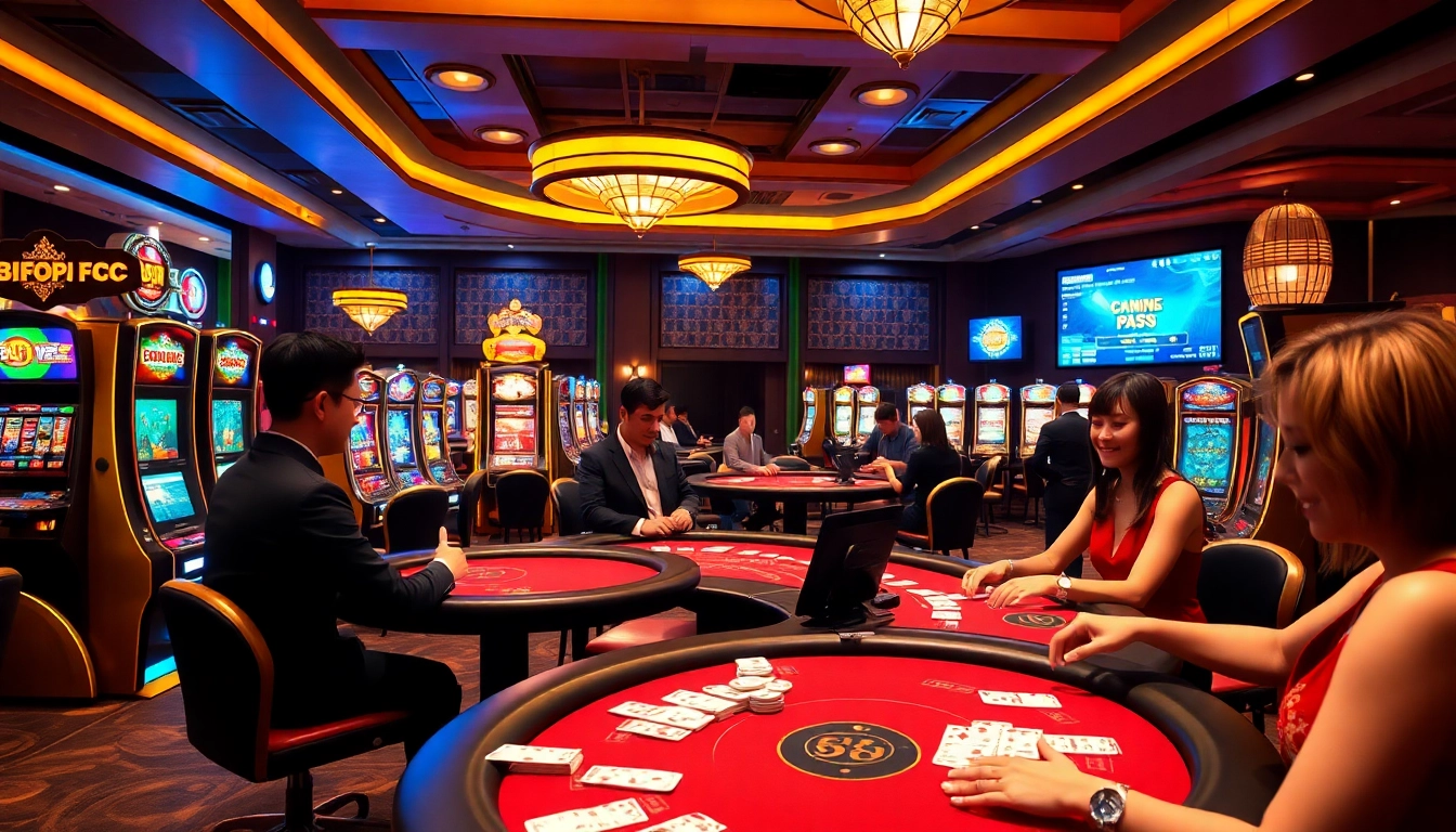 Exciting gambling scene at TRANG CHỦ 88FC showcasing online gaming with poker tables and vibrant slot machines.