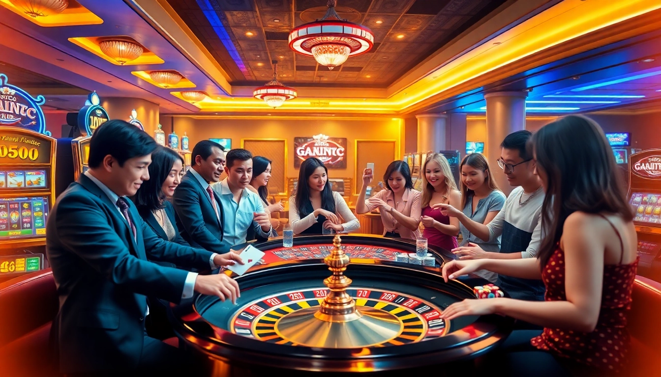 Link kp88 provides a thrilling view of gamblers enjoying roulette and poker in a vibrant casino atmosphere.