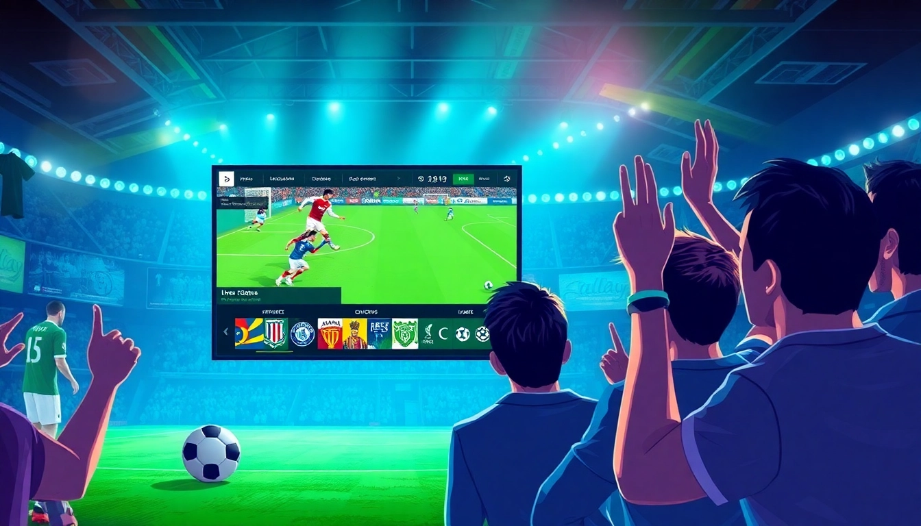 View of a vibrant soccer streaming interface on joemadfan.com with excited fans engaging in live matches.