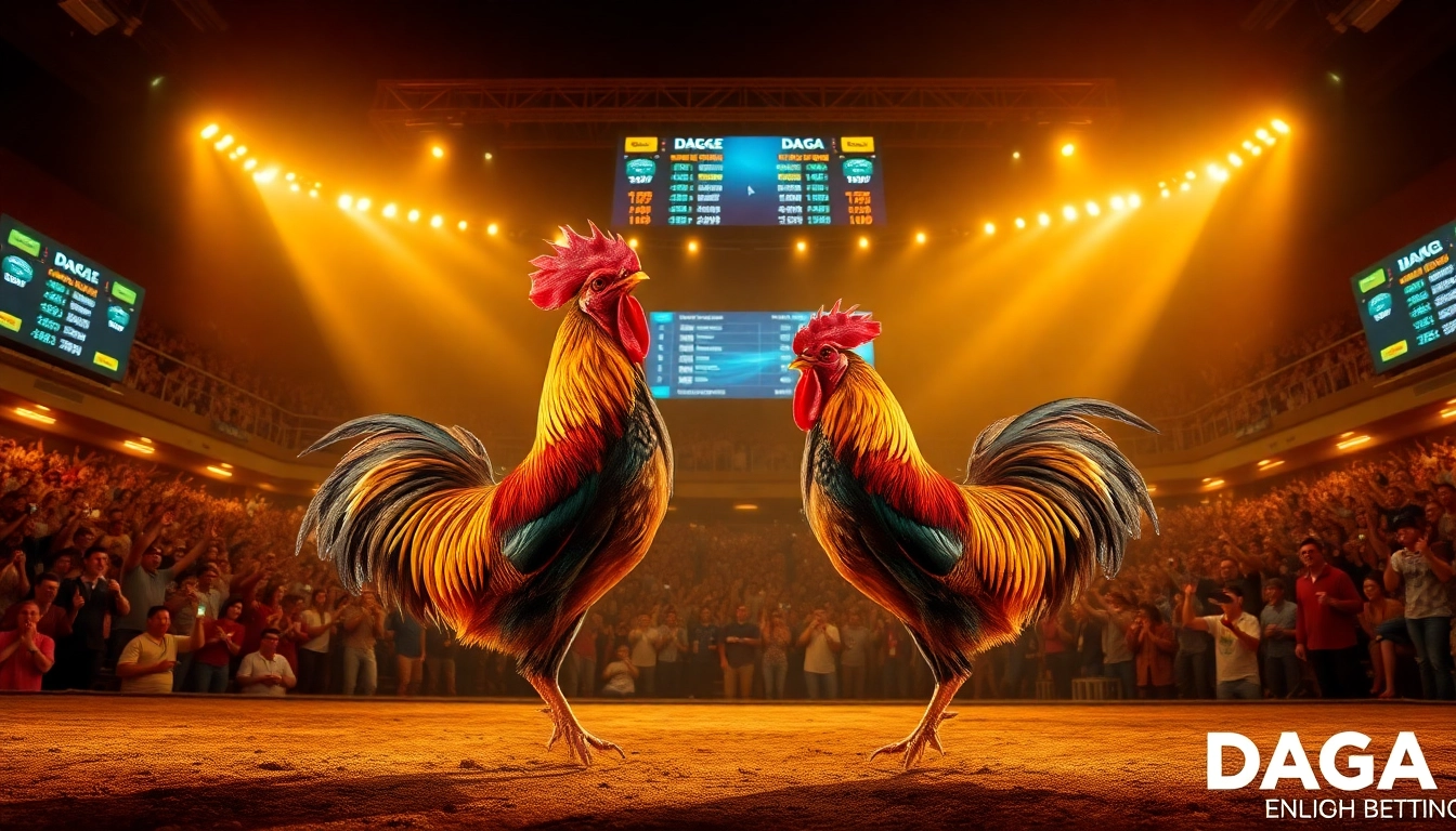 DAGA live cockfighting event showcasing vibrant roosters and excited audience. dagawin.live