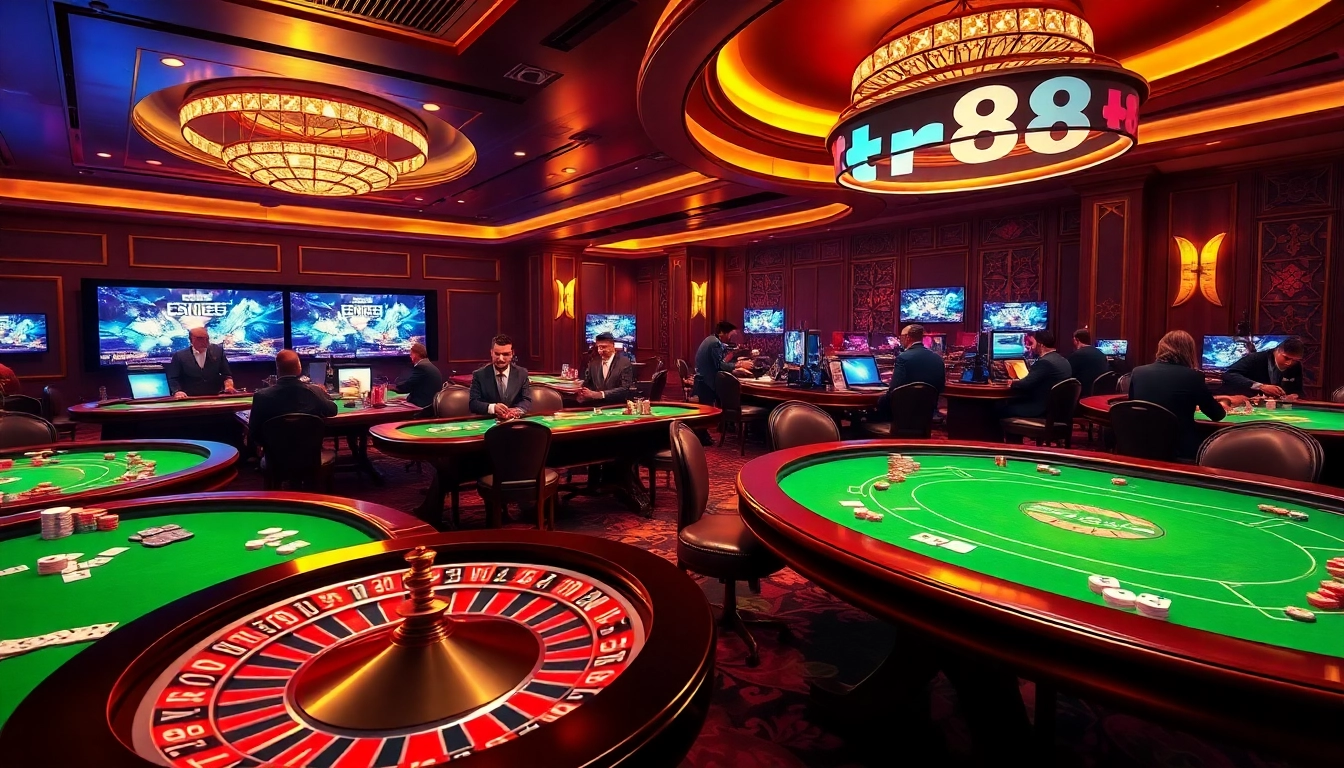 tr88 gaming enthusiasts placing bets at a vibrant casino table with poker chips.