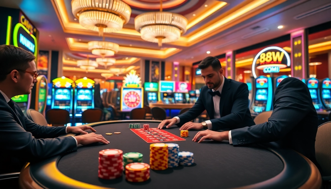 Players enjoying a high-stakes poker game at 88VV.COM, surrounded by elegant casino decor and vibrant gaming elements.