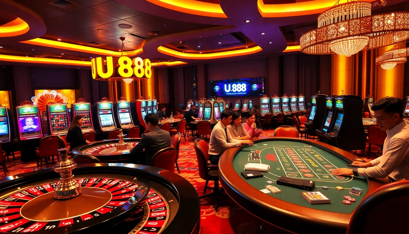 Exciting casino scene showcasing bustling tables and players immersed in UU 88 betting.