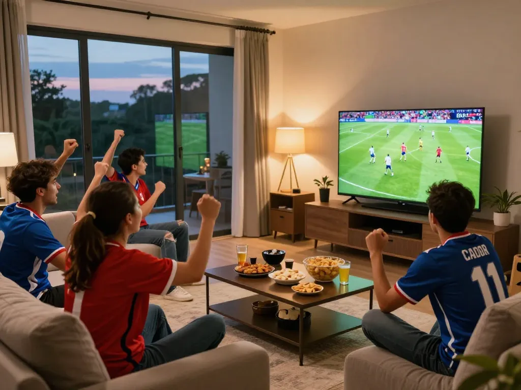 CakhiaTV fans enjoying an intense football match in high definition at home, lively atmosphere with friends and snacks.