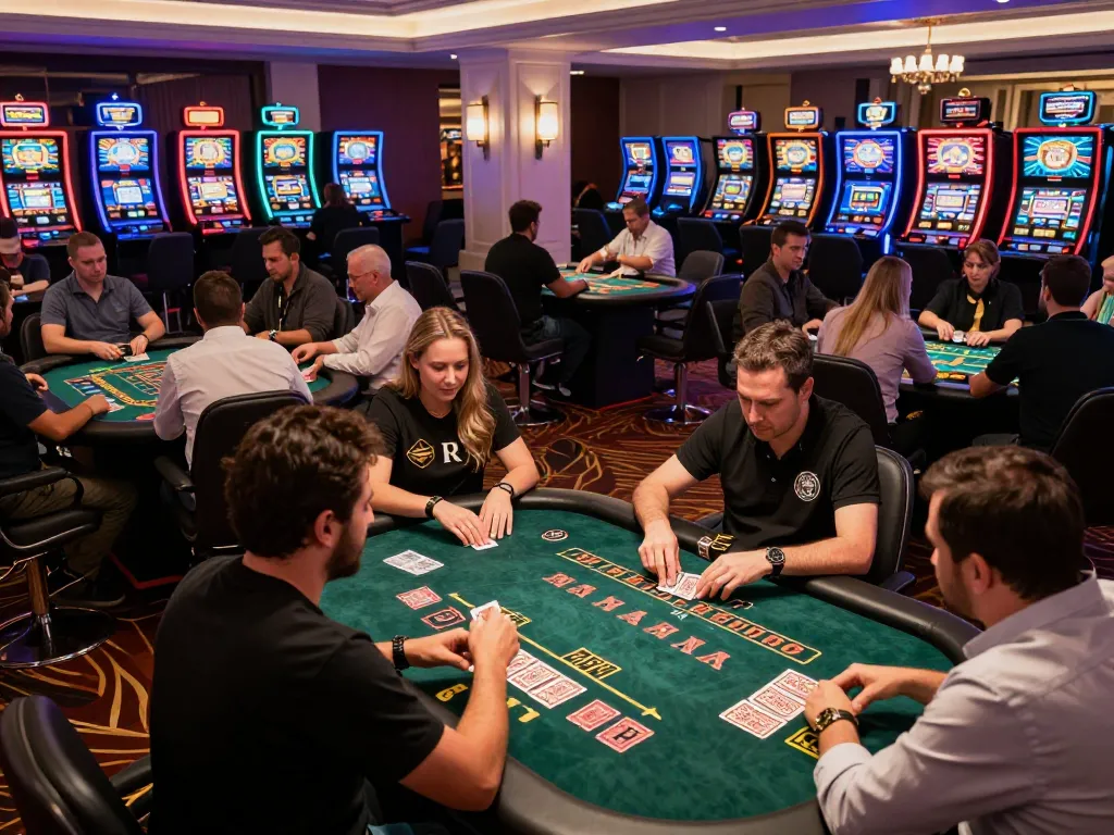 Players engaging in card games at a vibrant RR88 casino, showcasing excitement and strategy