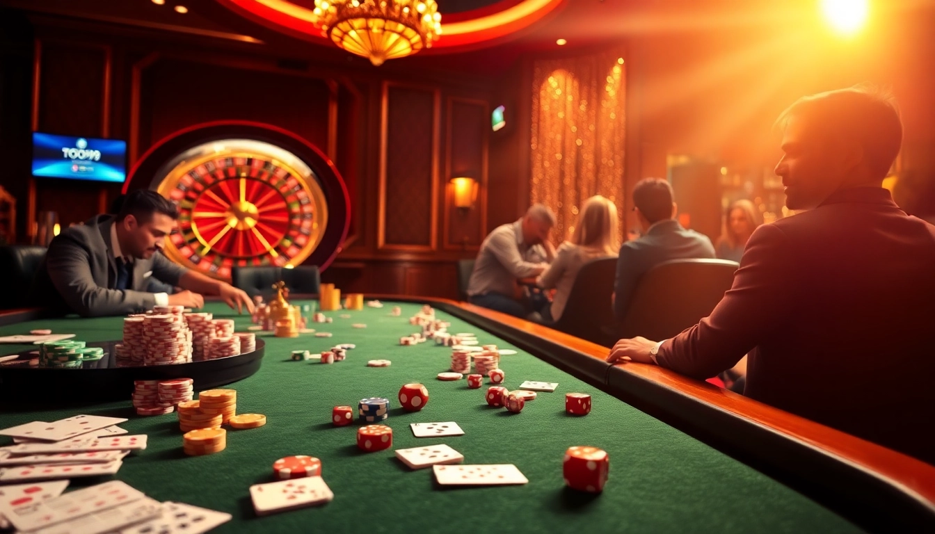 Toto919 players enjoy an exhilarating gambling experience at a luxury casino table with colorful chips and cards.