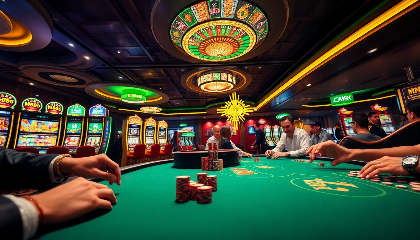 Players enjoying a thrilling moment at MB66 COM casino with vibrant slots and poker tables.