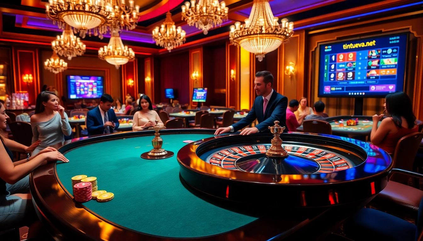 Tintuceva.net showcases players enjoying an elegant casino atmosphere with a roulette table and vibrant online gambling elements.