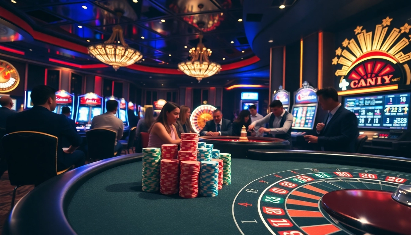 Players enjoying poker at 789club's luxurious gaming table, surrounded by vibrant slot machines.