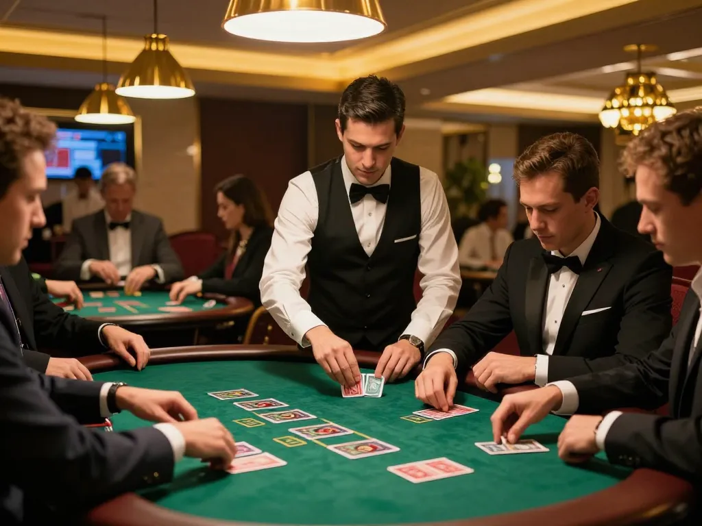 Experience dynamic blackjack gameplay at https://rr88it.com/ with players and a dealer in an elegant casino setting.