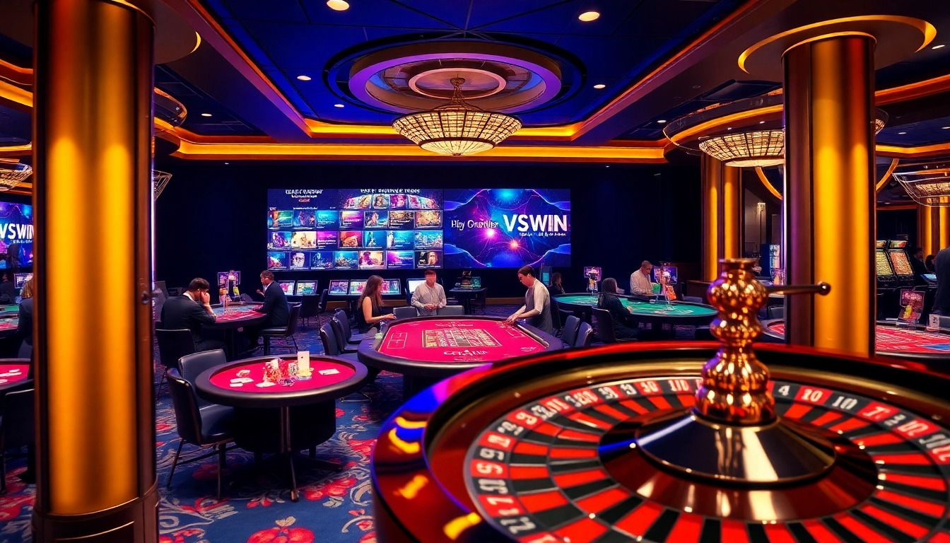 Experience the thrill of VSWIN in a vibrant casino setting with dynamic games and rich colors.