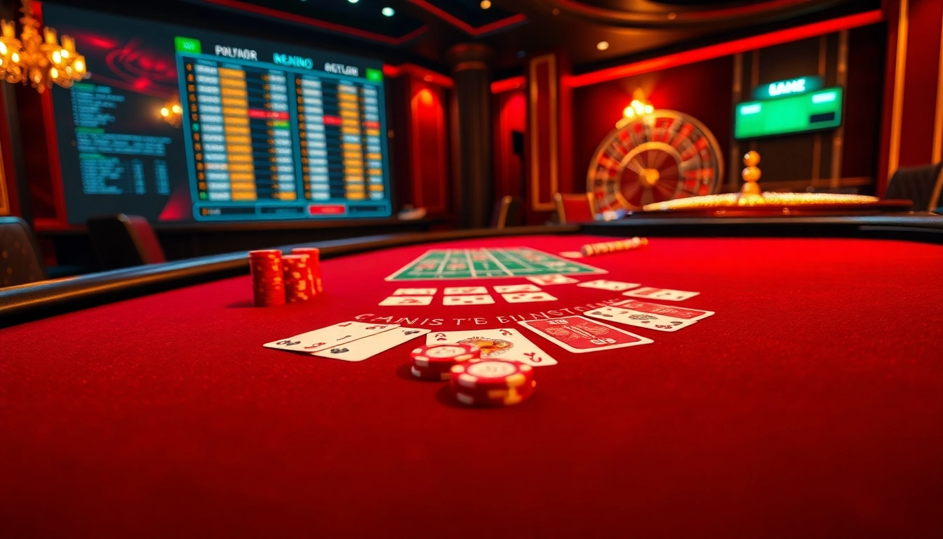 Experience the thrill of gambling at CM88 with an elegant casino setup featuring a blackjack table and roulette wheel.