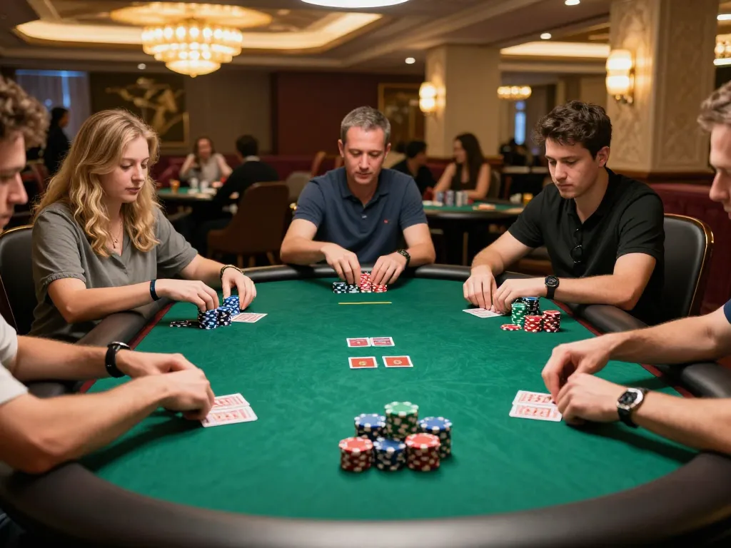 Competitive gameplay at MM88 center poker table with engaged players and colorful chips.
