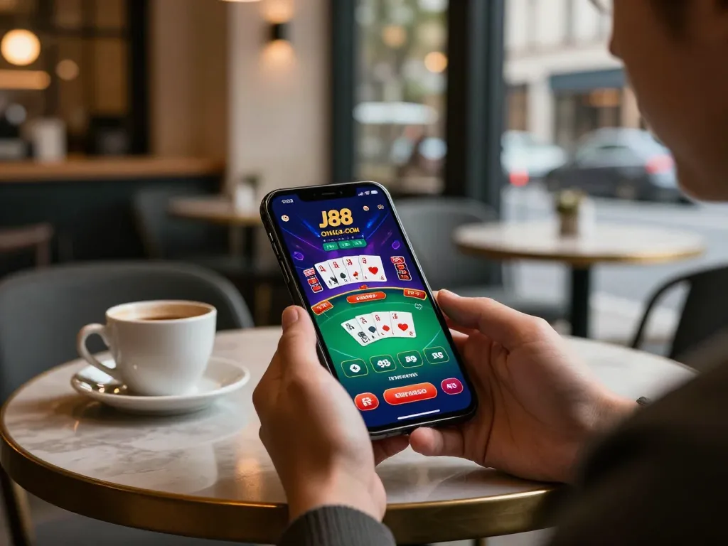 Engaging with J88 .com's online poker app at a modern café table, showcasing dynamic gameplay.