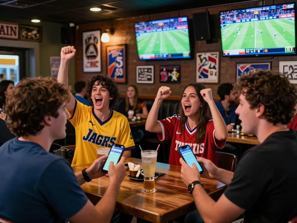 Engaged sports bettors analyzing odds on their smartphones at FC88 while watching a live game in an energetic sports bar setting.