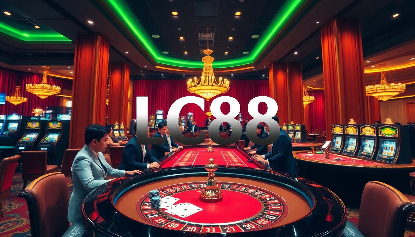 Experience thrilling gameplay at LC88 with vibrant casino elements, roulette, and poker chips.