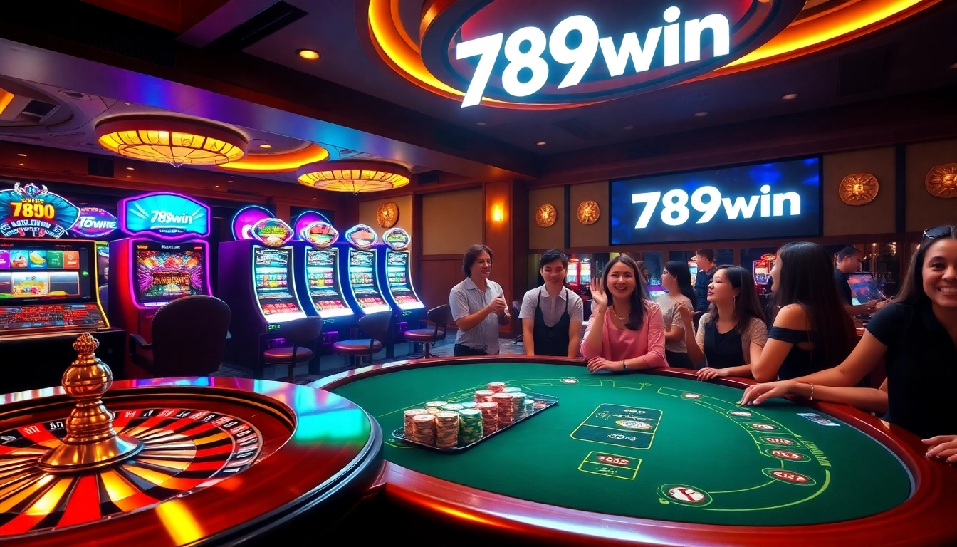 Players enjoying the thrilling game 789win at a vibrant casino with roulette and slot machines.