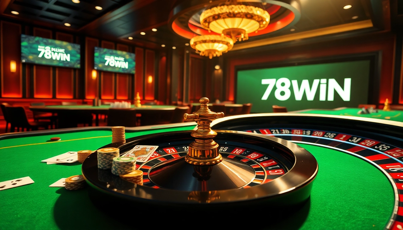 Experience thrilling casino gameplay at 78WIN featuring luxurious tables and vibrant poker chips.