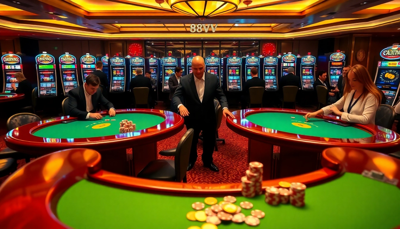 Experience the excitement of winning at 88VV with vibrant poker tables and slot machines.