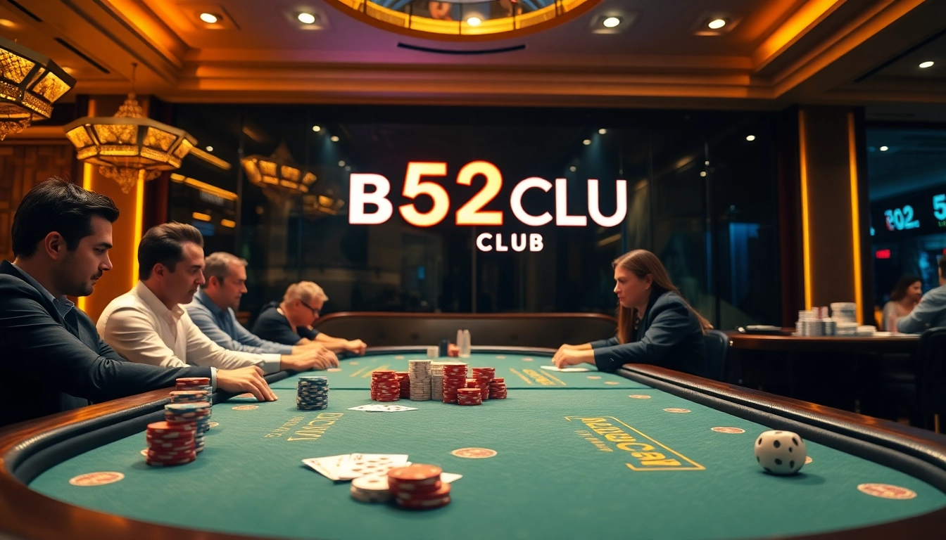 Experience the excitement of B52 CLUB with players enjoying poker at a vibrant casino table.