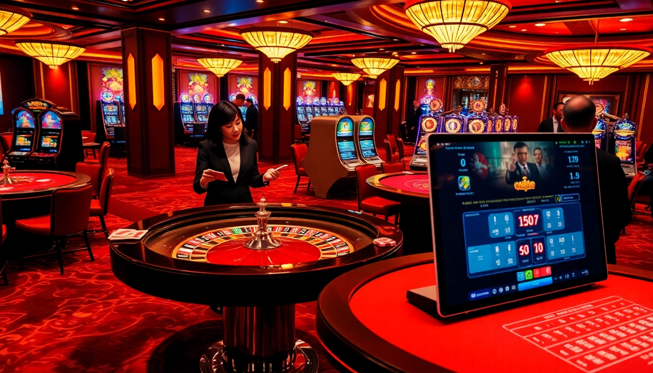 Menggugah pemain di meja mewah untuk togel online dengan suasana yang hidup dan antarmuka perjudian modern.