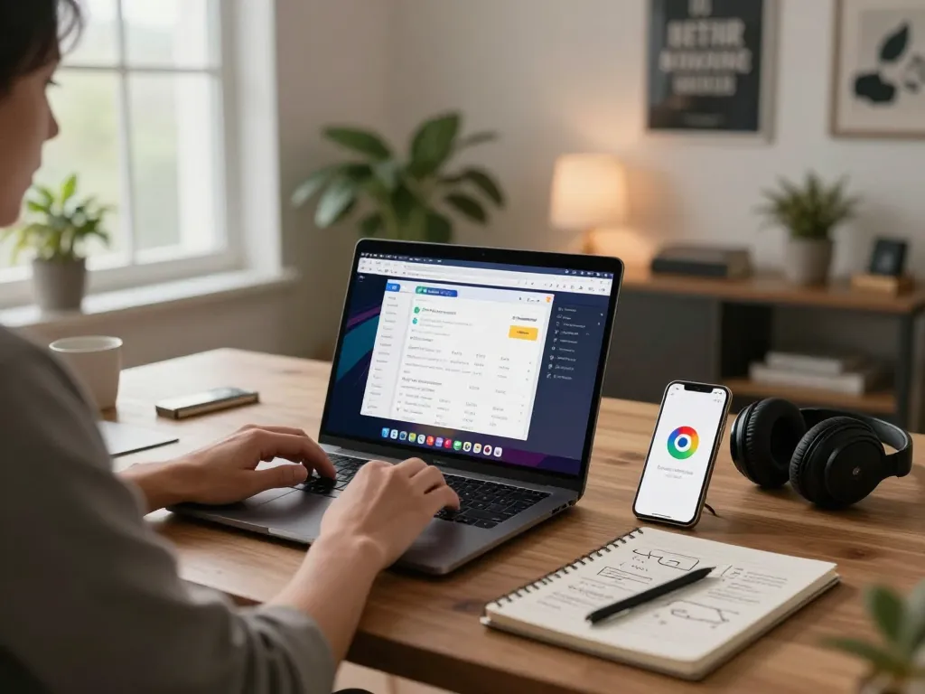A user exploring the谷歌浏览器 on a modern laptop in a vibrant home office setting, showcasing productivity and technology.