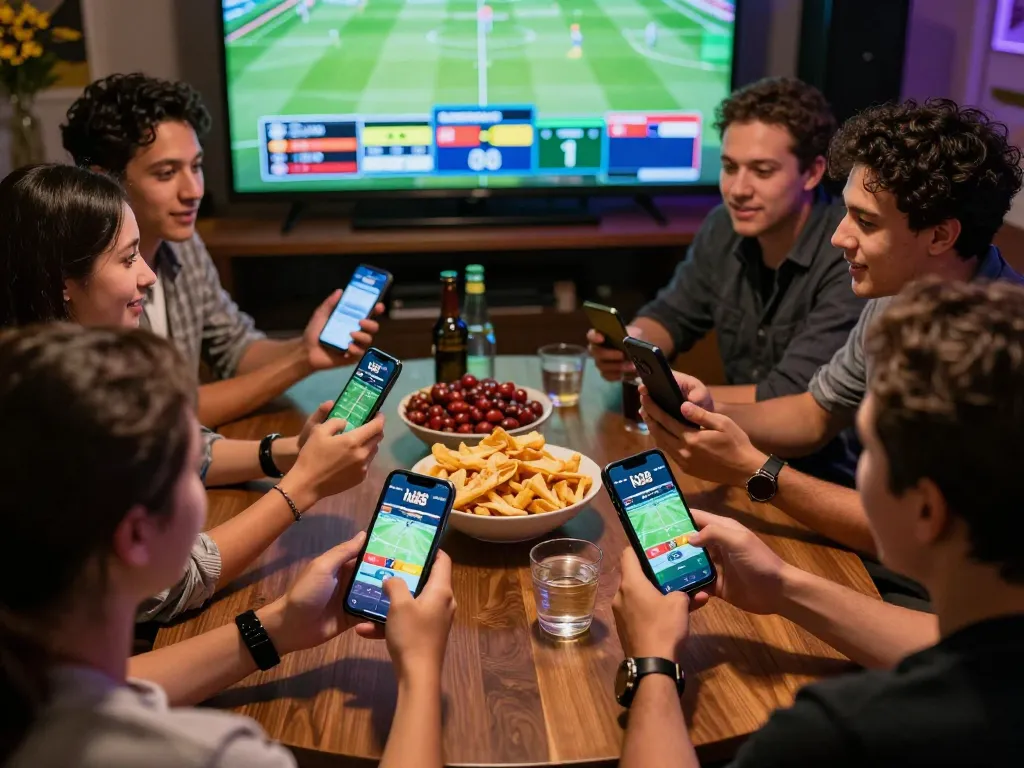 Friends engaging in sports betting using hi88 app while enjoying a lively home atmosphere.
