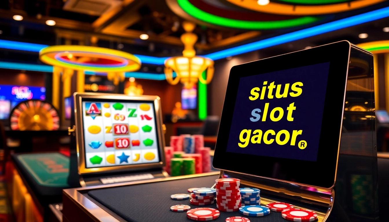 Engage with situs slot gacor through vibrant online gambling visuals featuring a modern slot machine and casino ambiance.