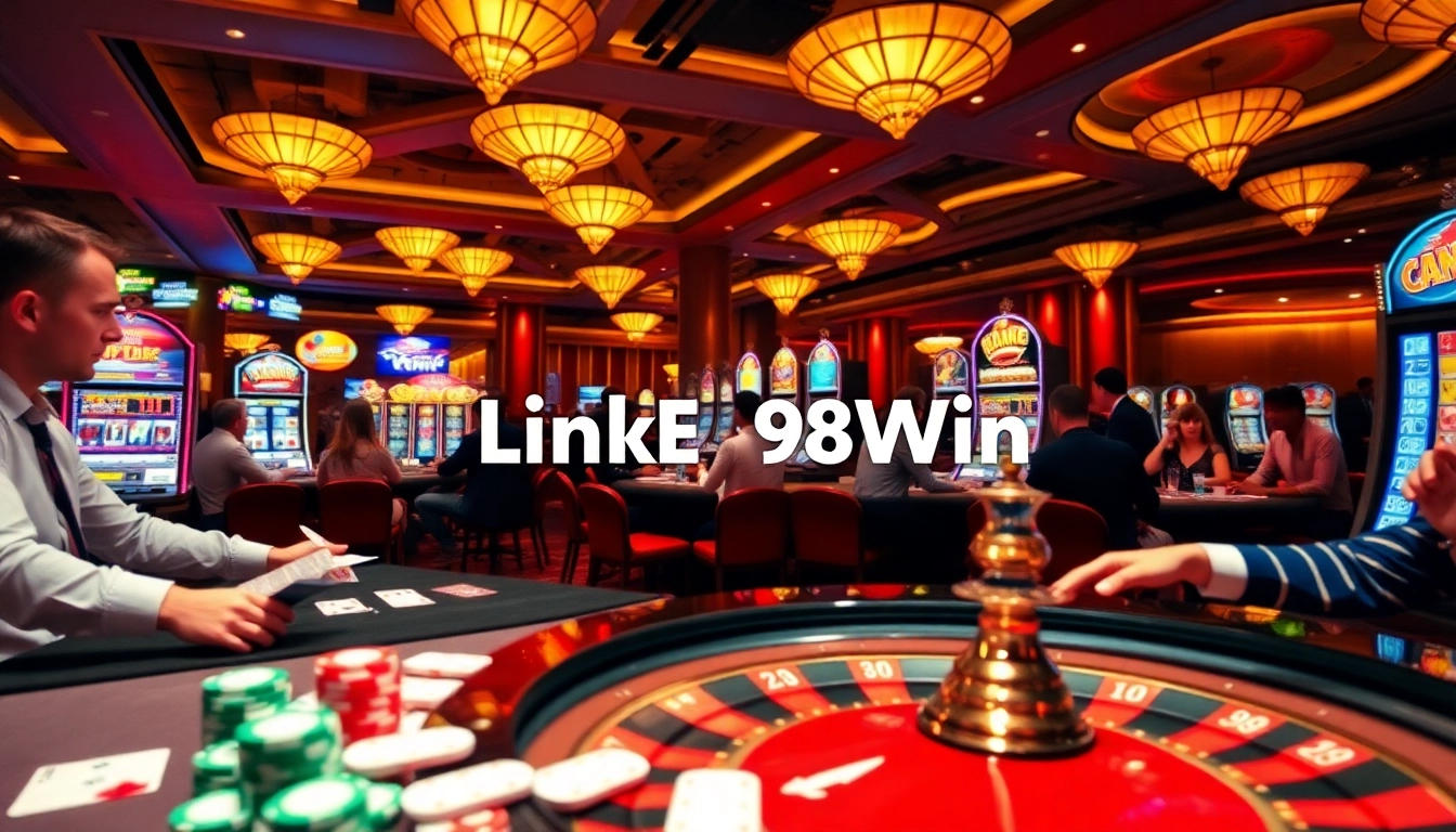Experience the thrill of gaming at Link 98Win with poker chips and a roulette wheel.