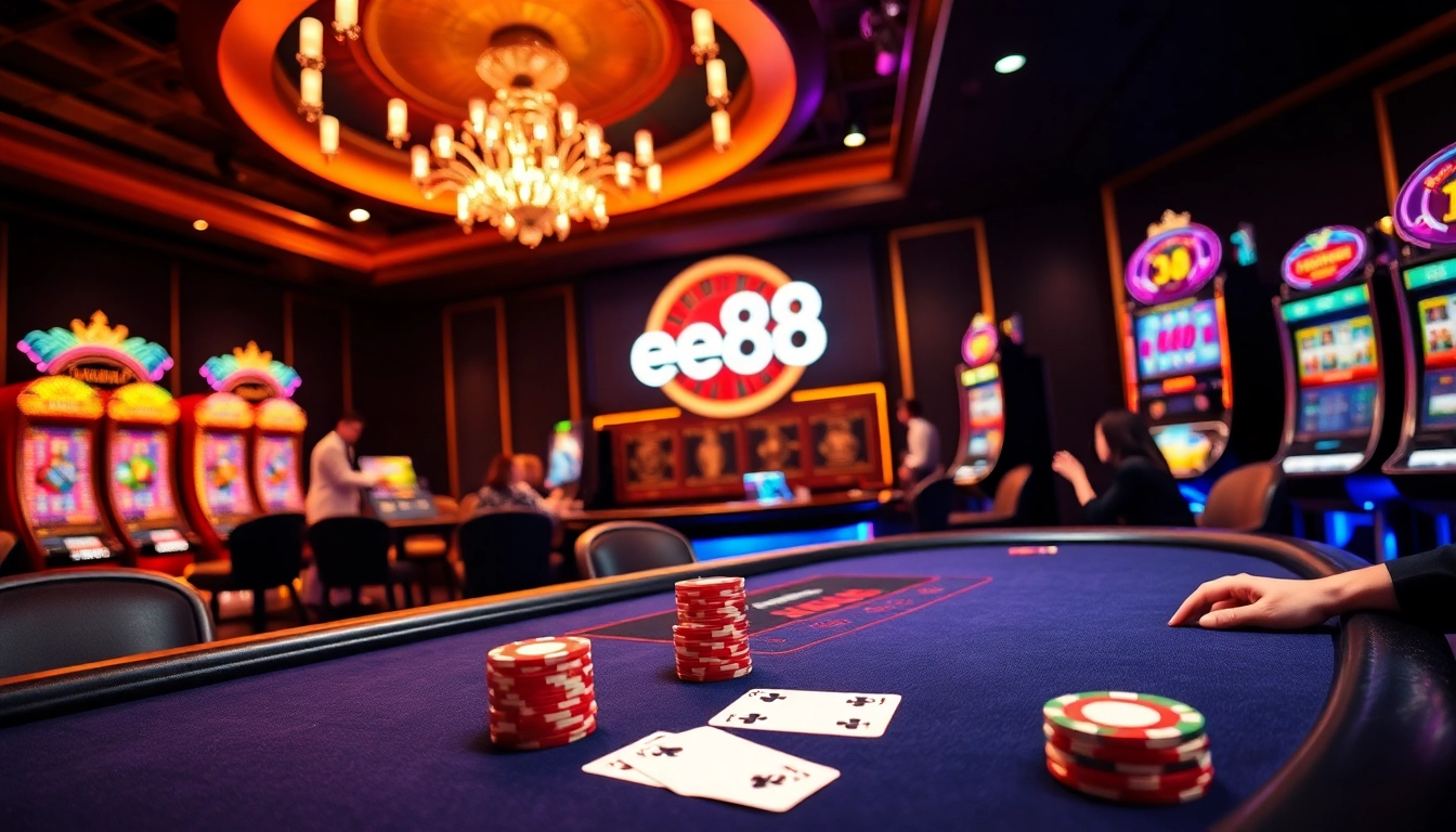 Engage with the thrilling atmosphere of ee88's luxury casino experience featuring poker and roulette.