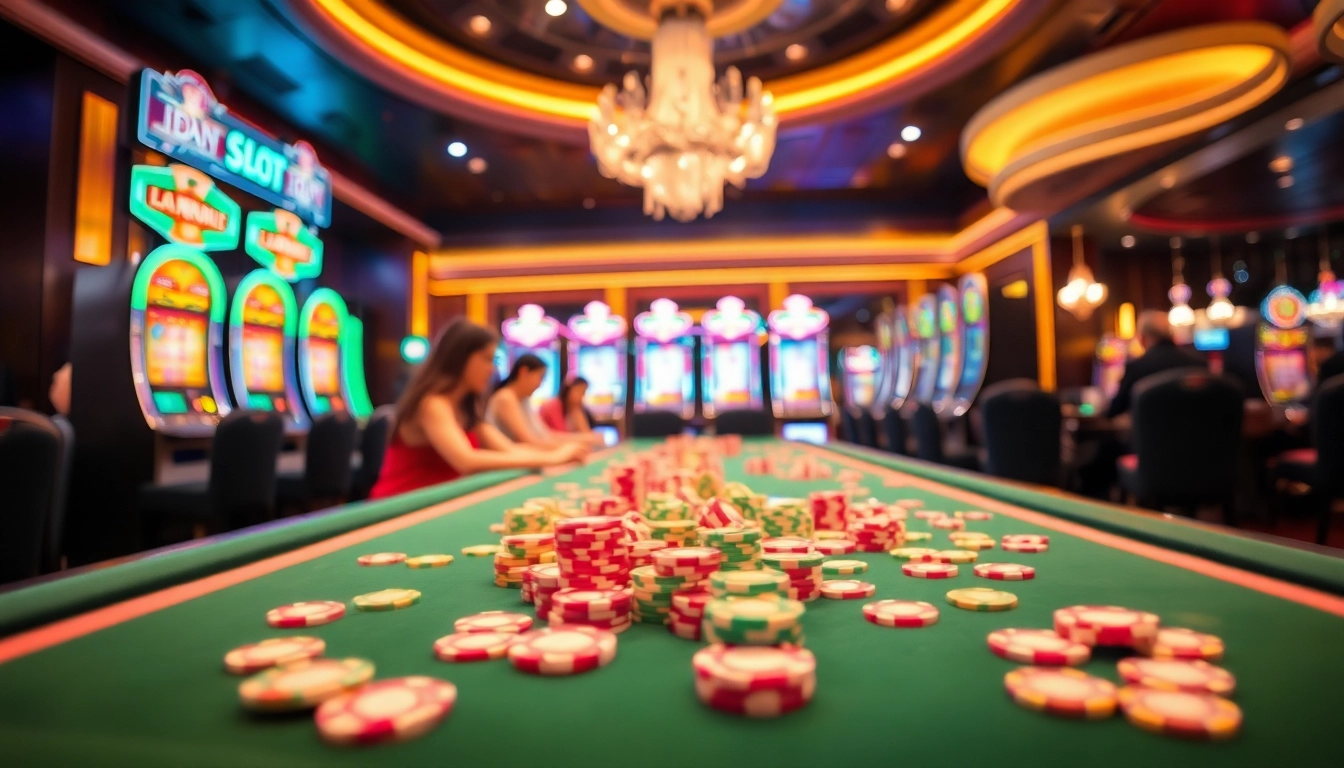 Play thrilling IDN Slot games among vibrant casino tables and excited players.