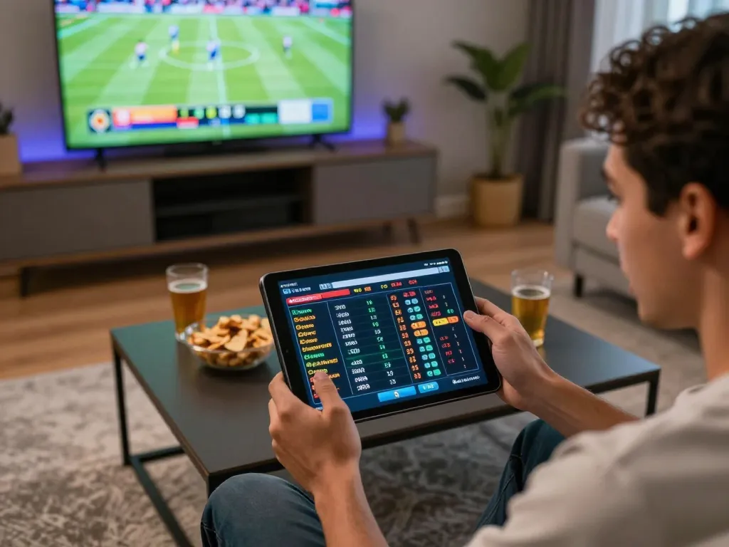 Player engaging with RR88 sports betting app on tablet in modern living room.